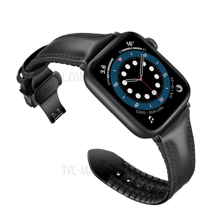 Rindsleder + Gummi Uhrenband Für Apple Watch Serie 6 40mm / SE 40mm / 4 40mm / 5 40mm / 3 38mm / 2 38mm / 1 38mm - Alles Schwarz-2