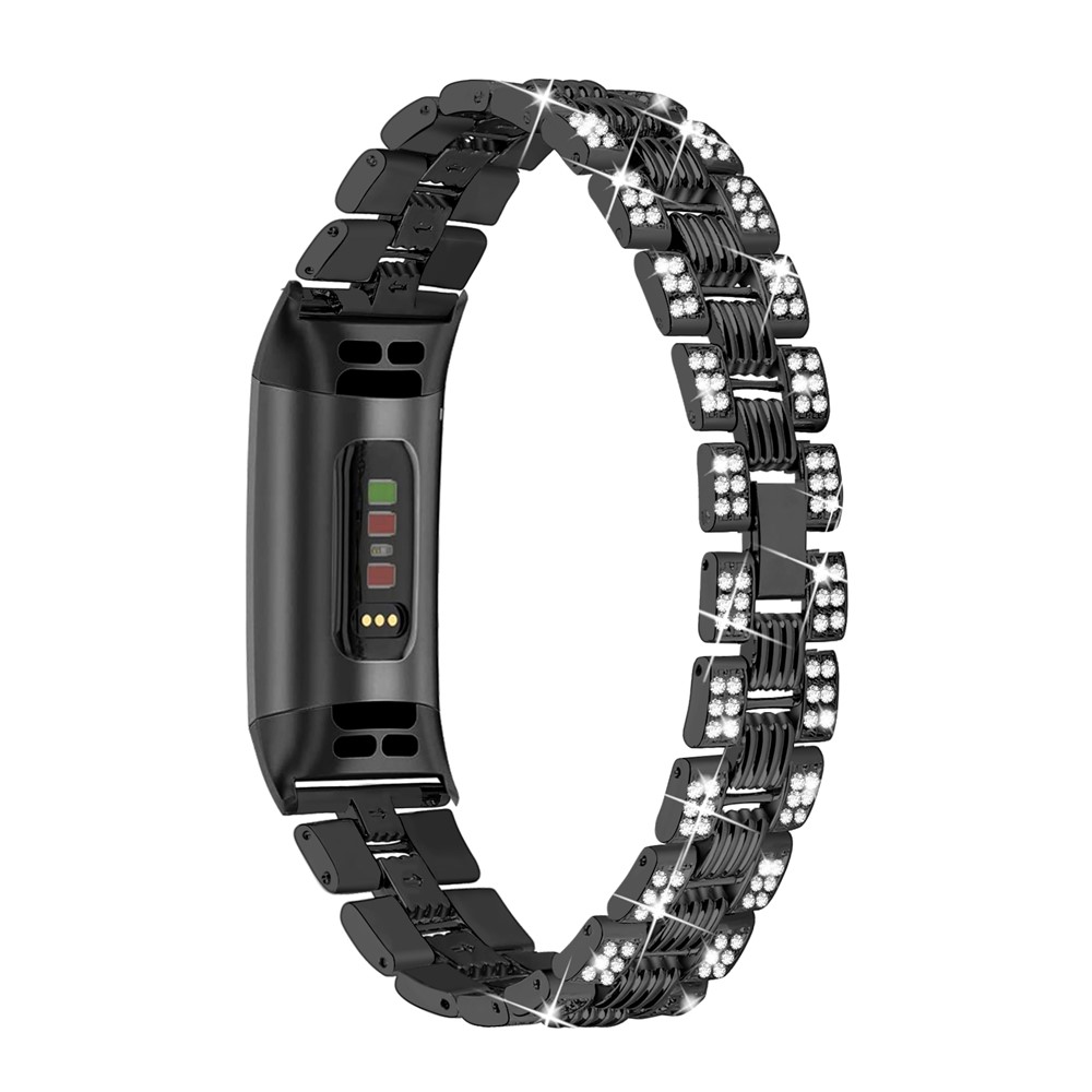 Thread Zinc Alloy Watch Strap Replacement with Rhinestone Decor for Fitbit Charge 3/4 - Black-1