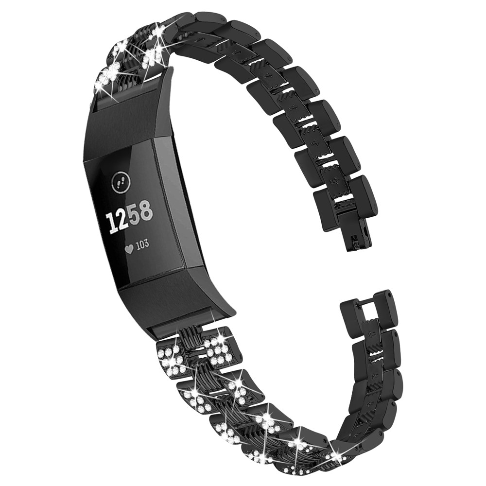Thread Zinc Alloy Watch Strap Replacement with Rhinestone Decor for Fitbit Charge 3/4 - Black-2