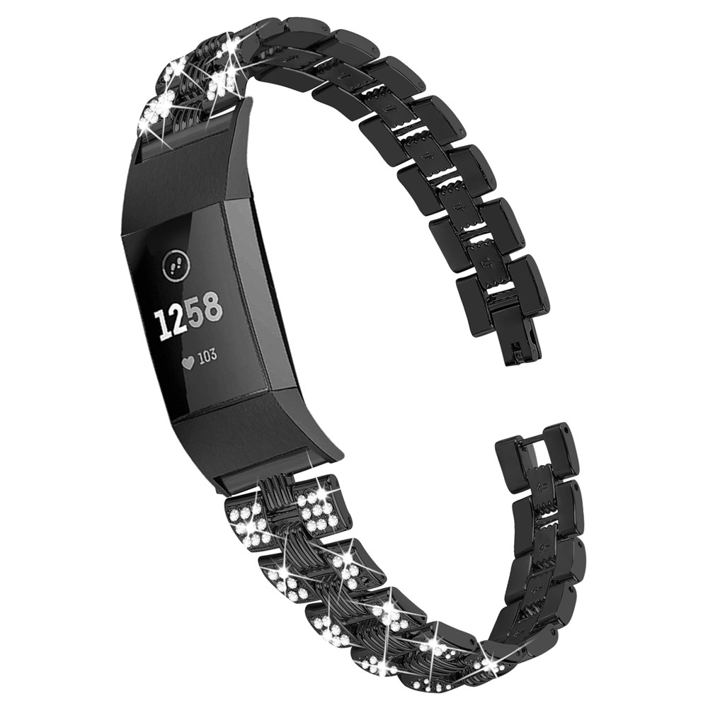 Thread Zinc Alloy Watch Strap Replacement with Rhinestone Decor for Fitbit Charge 3/4 - Black-4