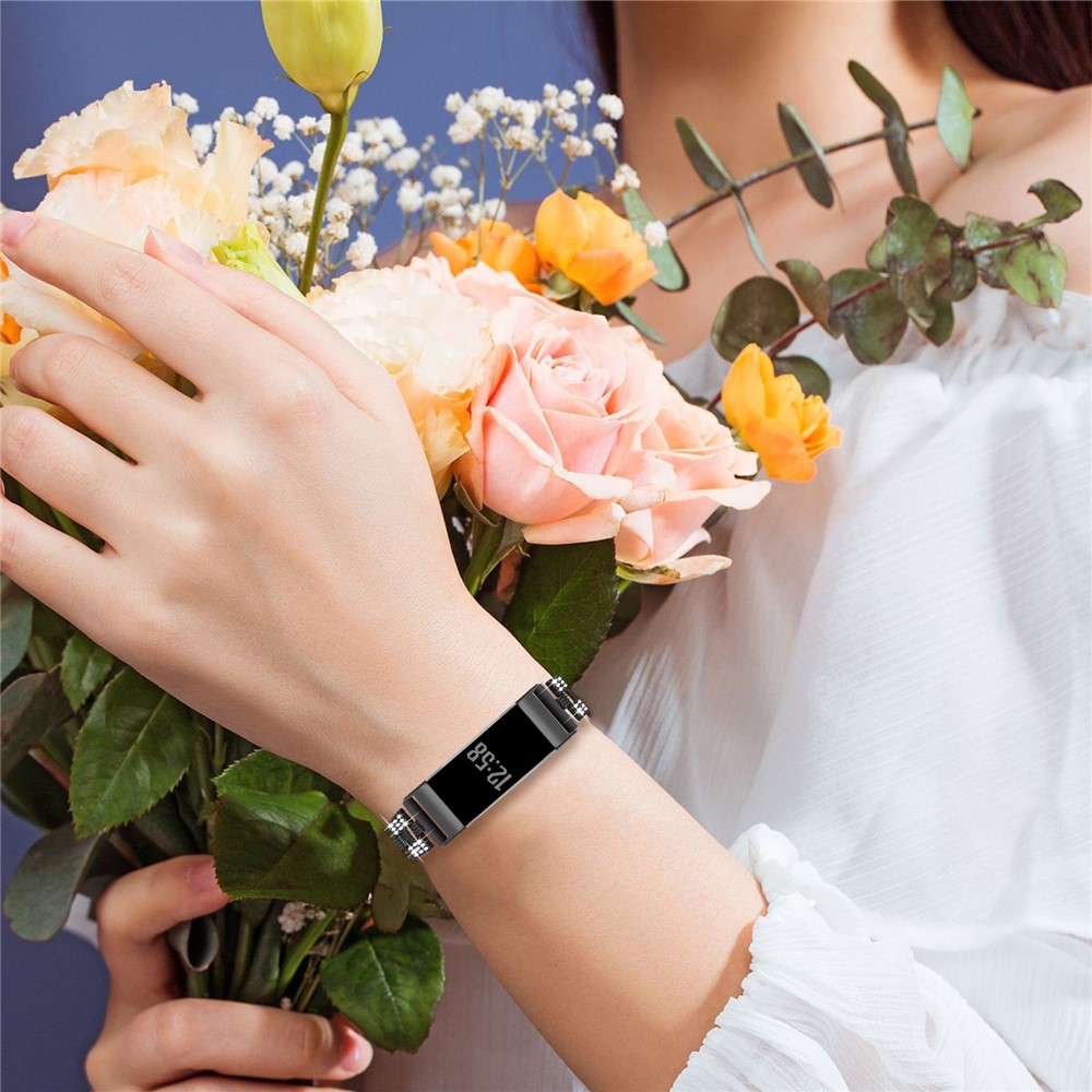 Thread Zinc Alloy Watch Strap Replacement with Rhinestone Decor for Fitbit Charge 3/4 - Black-5