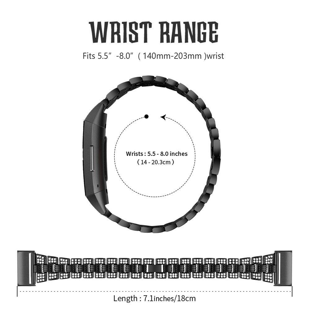 Thread Zinc Alloy Watch Strap Replacement with Rhinestone Decor for Fitbit Charge 3/4 - Black-7