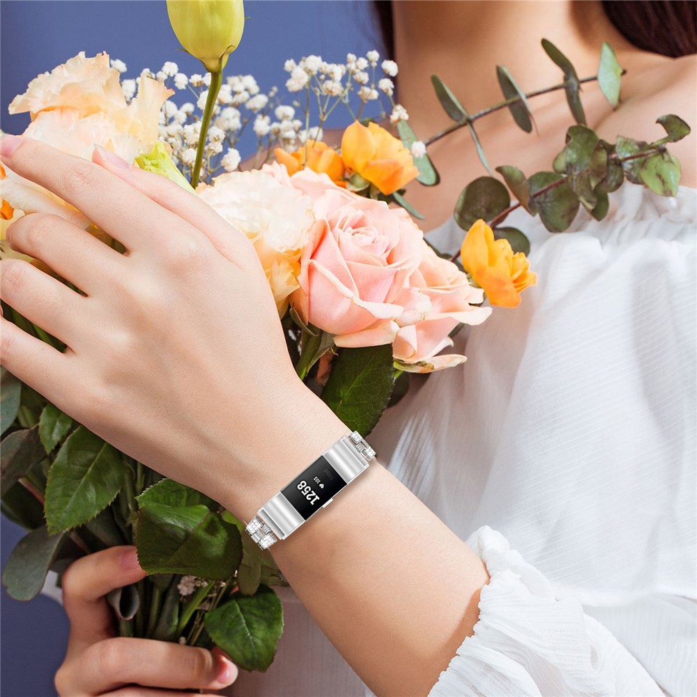 Tópico Rhinestone Decor Smart Watch Strap Para Fitbit Charge 2 Substituição De Liga De Zinco - Prata-7