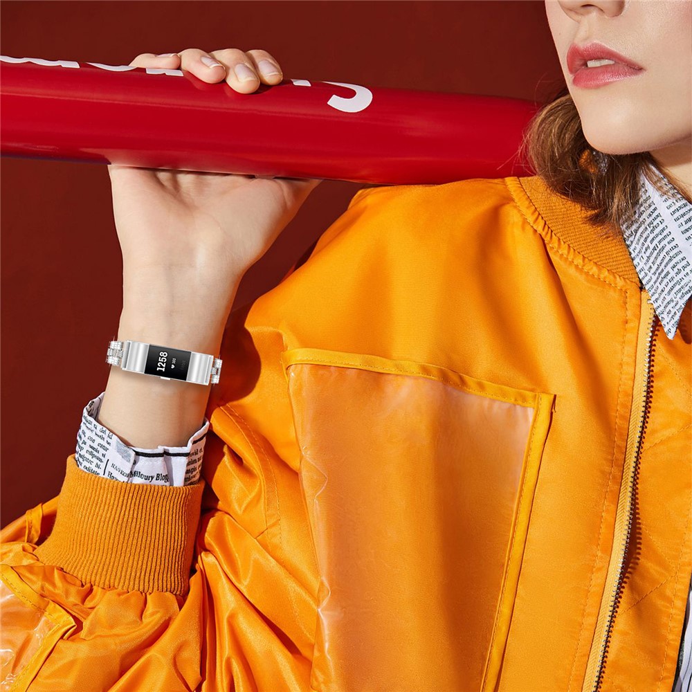 Tópico Rhinestone Decor Smart Watch Strap Para Fitbit Charge 2 Substituição De Liga De Zinco - Prata-8