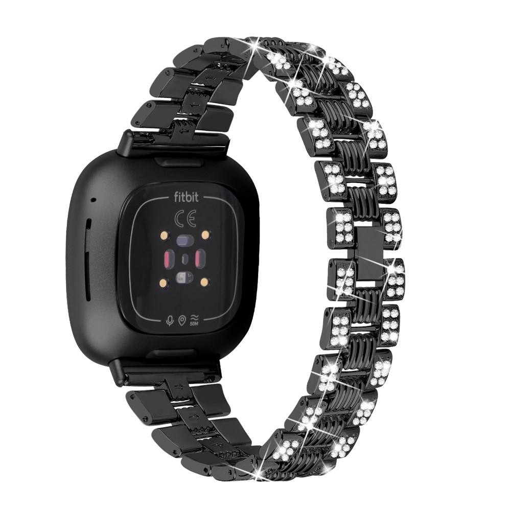 Rhinestone Decor Thread Zinc Alloy Watch Strap Replacement for Fitbit Versa 3/Sense - Black-1