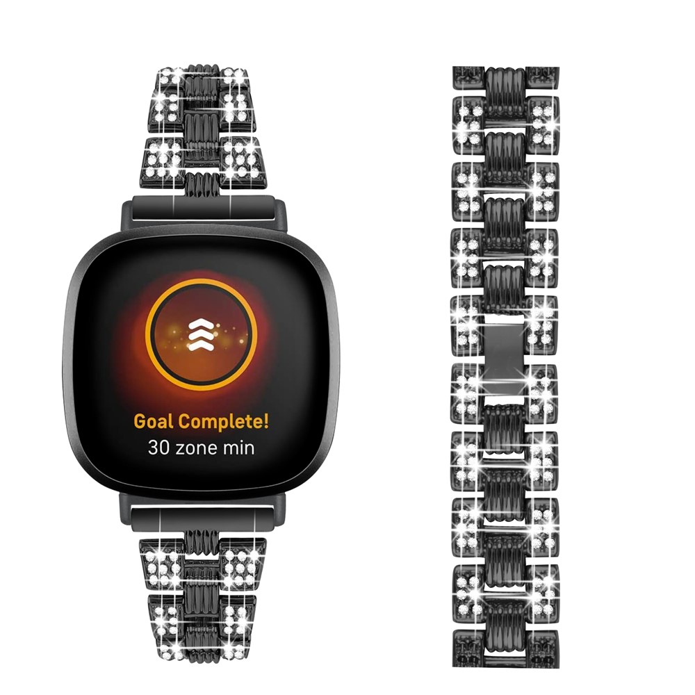 Rhinestone Decor Thread Zinc Alloy Watch Strap Replacement for Fitbit Versa 3/Sense - Black-2