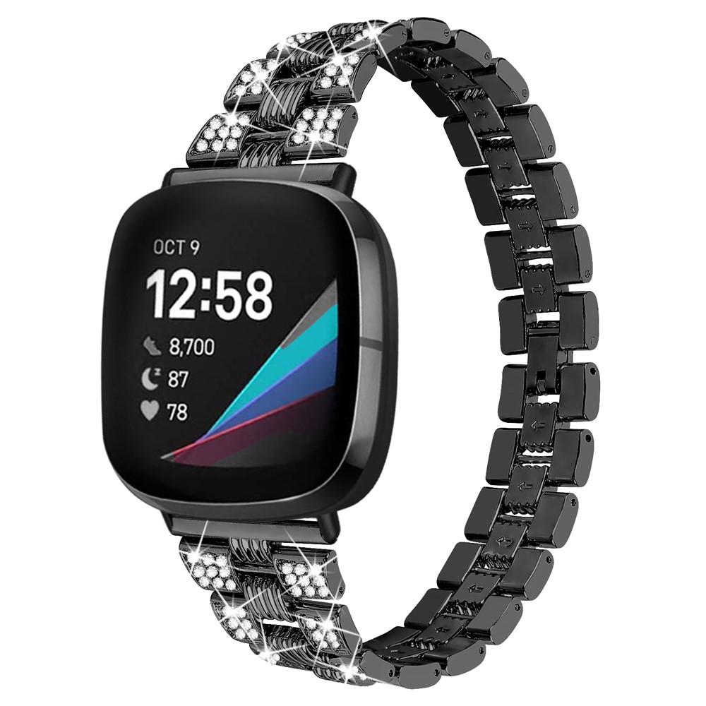 Rhinestone Decor Thread Zinc Alloy Watch Strap Replacement for Fitbit Versa 3/Sense - Black-3