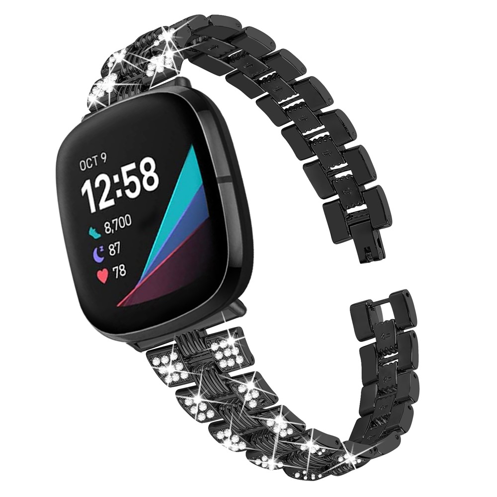 Rhinestone Decor Thread Zinc Alloy Watch Strap Replacement for Fitbit Versa 3/Sense - Black-4