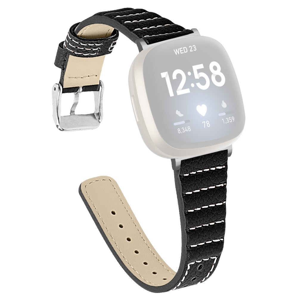 Wave Design Genuine Leather Watch Strap Replacement for Fitbit Versa 3/Fitbit Sense - Black-1