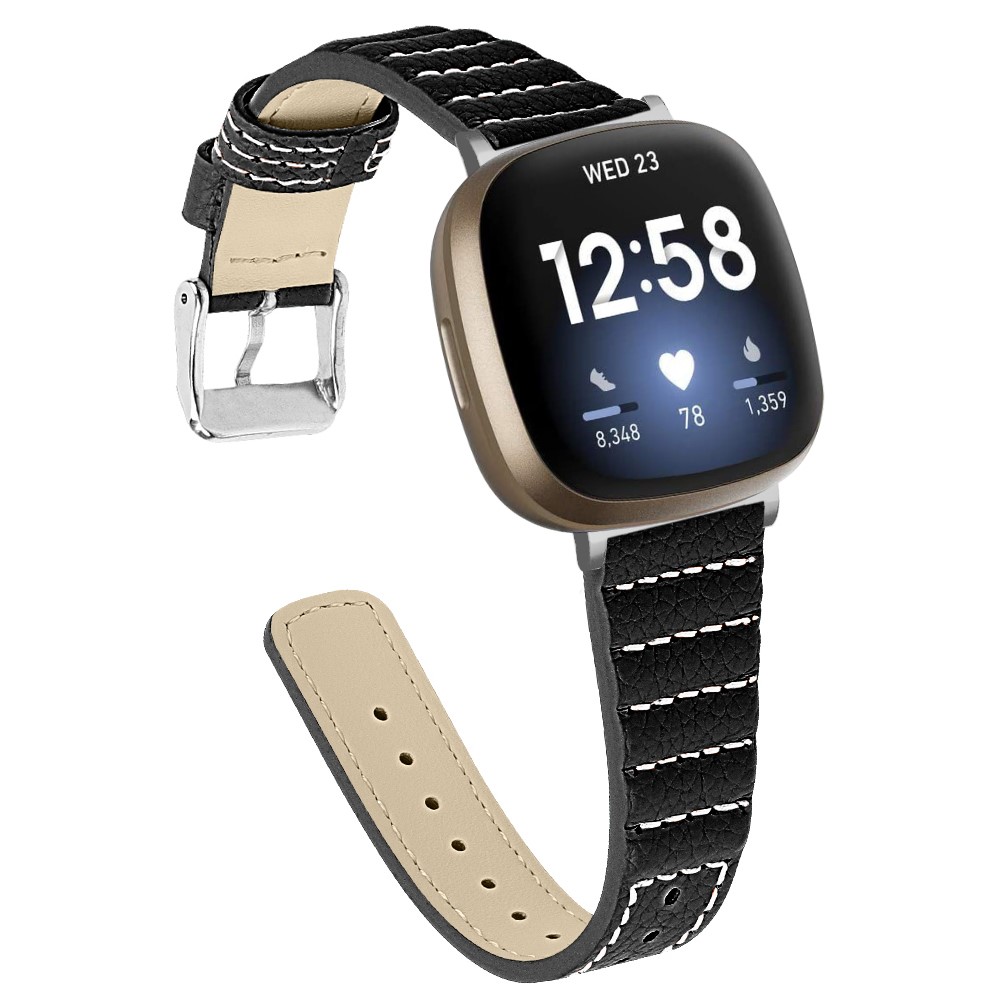 Wave Design Genuine Leather Watch Strap Replacement for Fitbit Versa 3/Fitbit Sense - Black-2