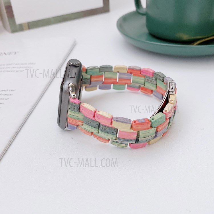 Creative Wooden Smart Watch Strap for Apple Watch Series 6/5/4/SE 44mm, Series 3/2/1 42mm - Pink/Green/Orange-1