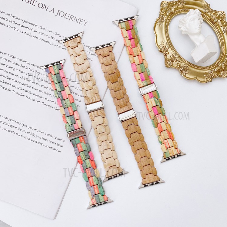 Creative Wooden Smart Watch Strap for Apple Watch Series 6/5/4/SE 44mm, Series 3/2/1 42mm - Pink/Green/Orange-2