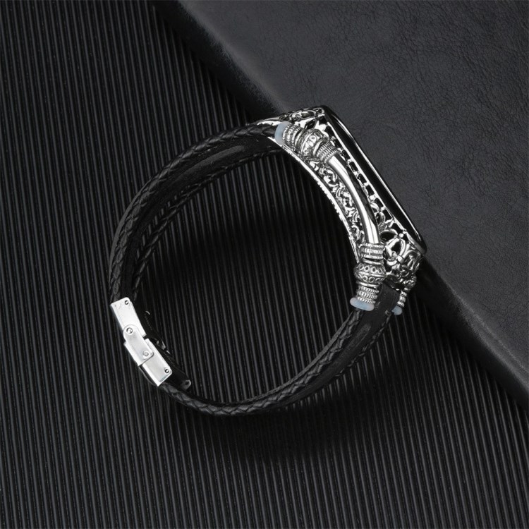 Leather Strap Strip Side with Metal Frame Protector for Xiaomi Mi Band 5 / 4 / 3 - Black-2
