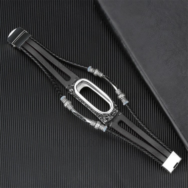Leather Strap Strip Side with Metal Frame Protector for Xiaomi Mi Band 5 / 4 / 3 - Black-3