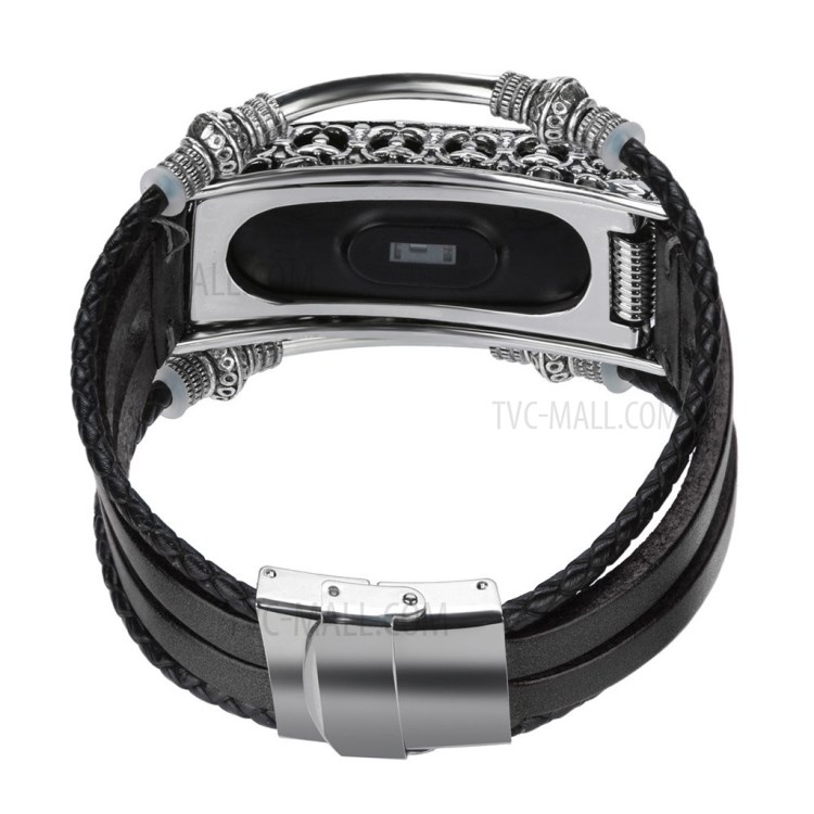 Leather Strap Strip Side with Metal Frame Protector for Xiaomi Mi Band 5 / 4 / 3 - Black-4