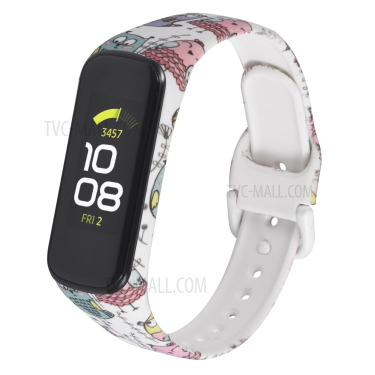 Patterned Rubber Watch Strap with Frame Protector Band for Samsung Galaxy Fit 2 SM-R220 - White/Owl-3