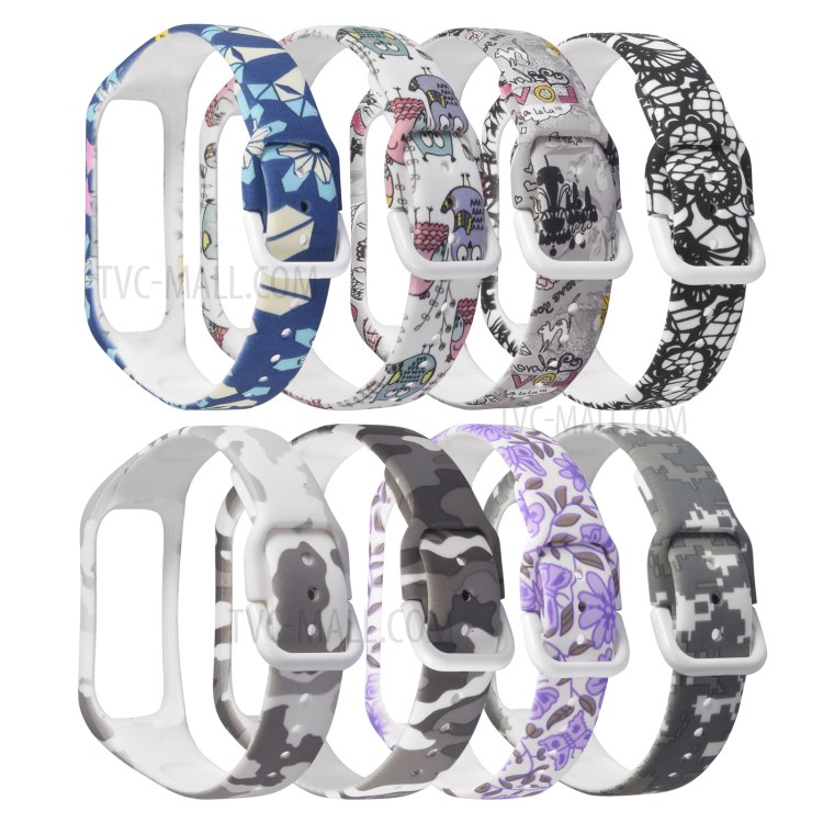Patterned Rubber Watch Strap with Frame Protector Band for Samsung Galaxy Fit 2 SM-R220 - White/Owl-8