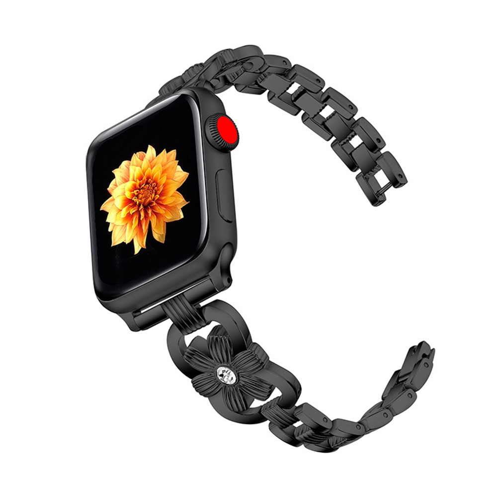 XINCUCO Stainless Steel Chrysanthemum Shaped Rhinestone Decor Watch Strap Replacement for Apple Watch SE/Series 6/5/4 40mm / Series3/2/1 38mm - Black-2