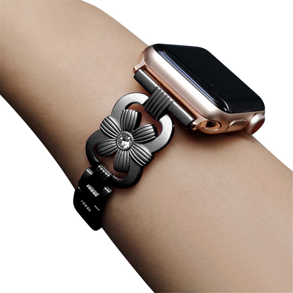 XINCUCO Stainless Steel Chrysanthemum Shaped Rhinestone Decor Watch Strap Replacement for Apple Watch SE/Series 6/5/4 40mm / Series3/2/1 38mm - Black-3
