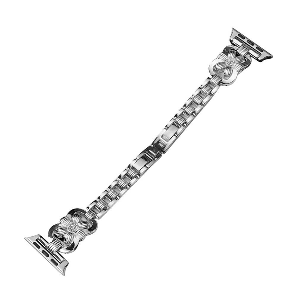 XINCUCO Stainless Steel Chrysanthemum Shaped Rhinestone Decor Watch Strap Replacement for Apple Watch SE/Series 6/5/4 44mm / Series3/2/1 42mm - Silver-1