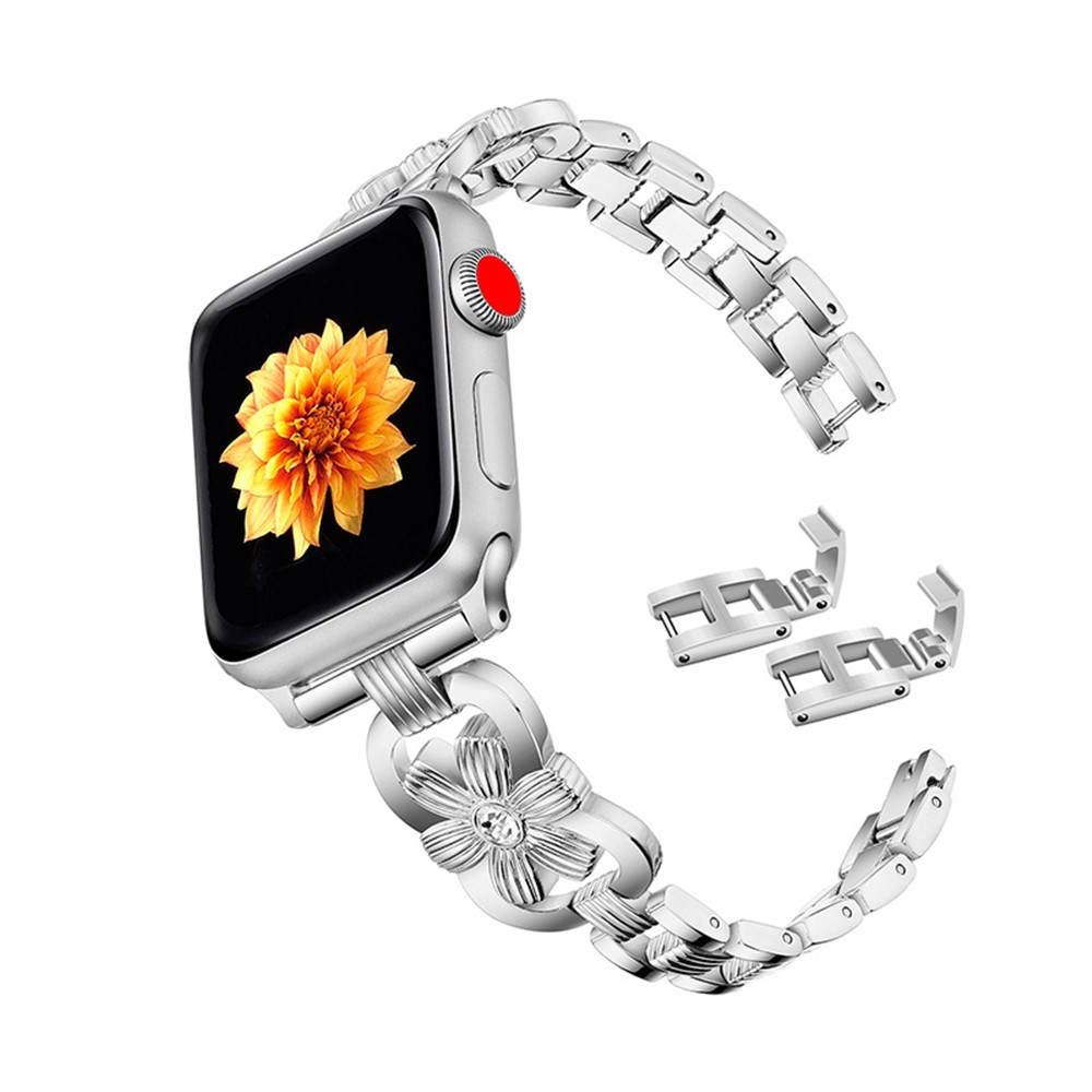 XINCUCO Stainless Steel Chrysanthemum Shaped Rhinestone Decor Watch Strap Replacement for Apple Watch SE/Series 6/5/4 44mm / Series3/2/1 42mm - Silver-2