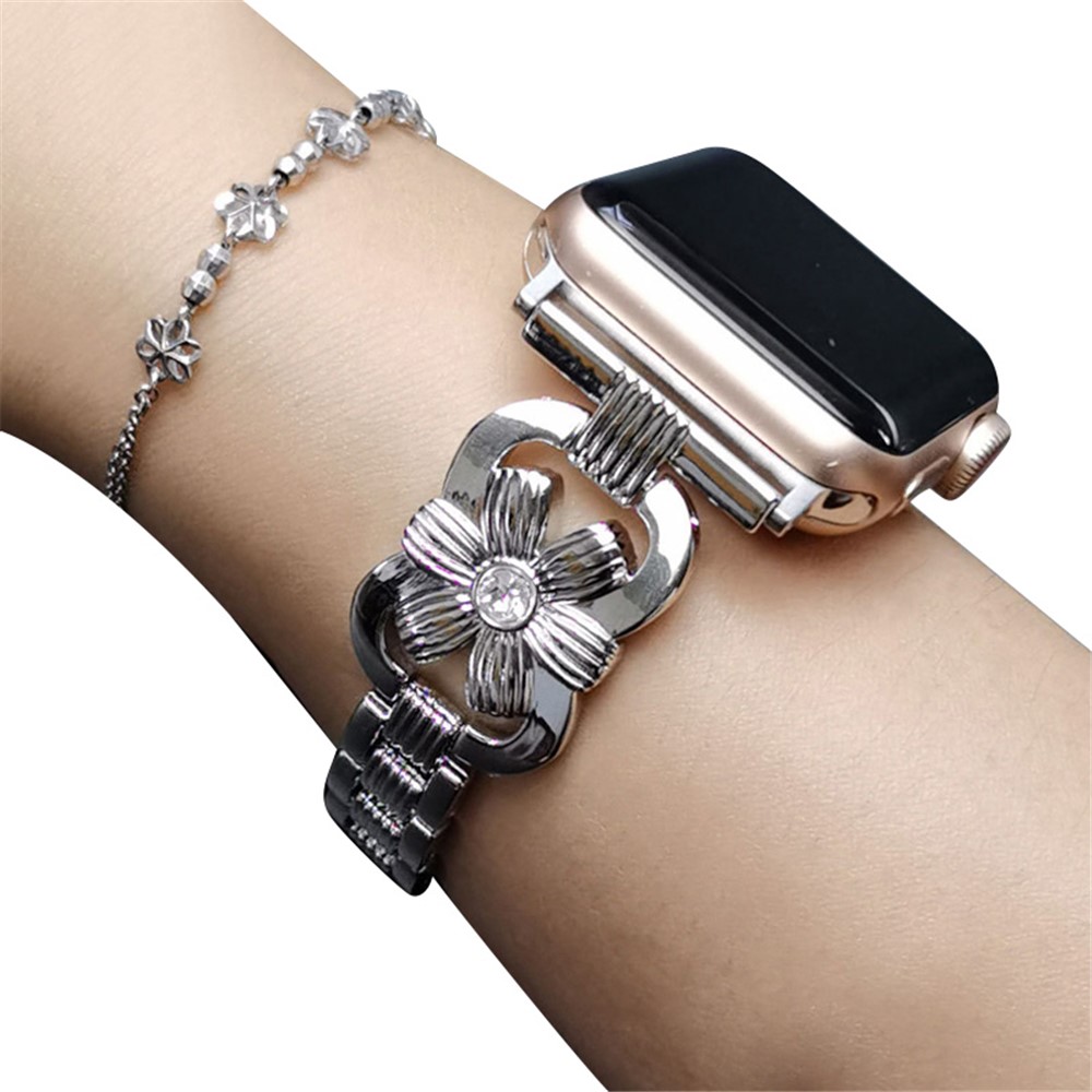 XINCUCO Stainless Steel Chrysanthemum Shaped Rhinestone Decor Watch Strap Replacement for Apple Watch SE/Series 6/5/4 44mm / Series3/2/1 42mm - Silver-3
