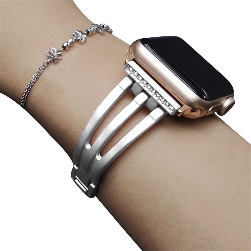 XINCUCO Stainless Steel Rhinestone Decor Watch Strap Replacement for Apple Watch SE/Series 6/5/4 40mm / Series3/2/1 38mm - Silver-3