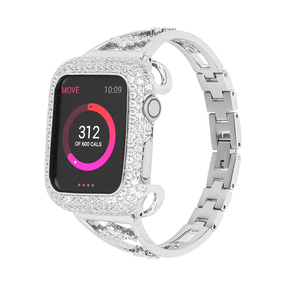 XINCUCO Stainless Steel+Copper Rhinestone Decor Watch Strap Replacement for Apple Watch SE/Series 6/5/4 44mm / Series3/2/1 42mm - Silver-3