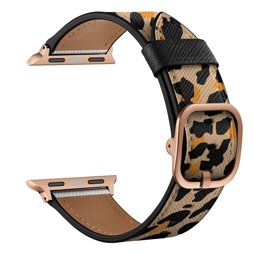 Stylish Printed Genuine Leather Watch Band for Apple Watch Series 1/2/3 38mm / Series 4/5/6 40mm - Yello Leopard Print-1