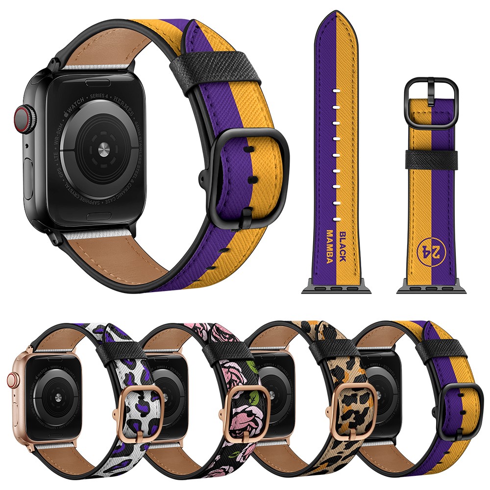 Stylish Printed Genuine Leather Watch Band for Apple Watch Series 1/2/3 38mm / Series 4/5/6 40mm - Yello Leopard Print-10