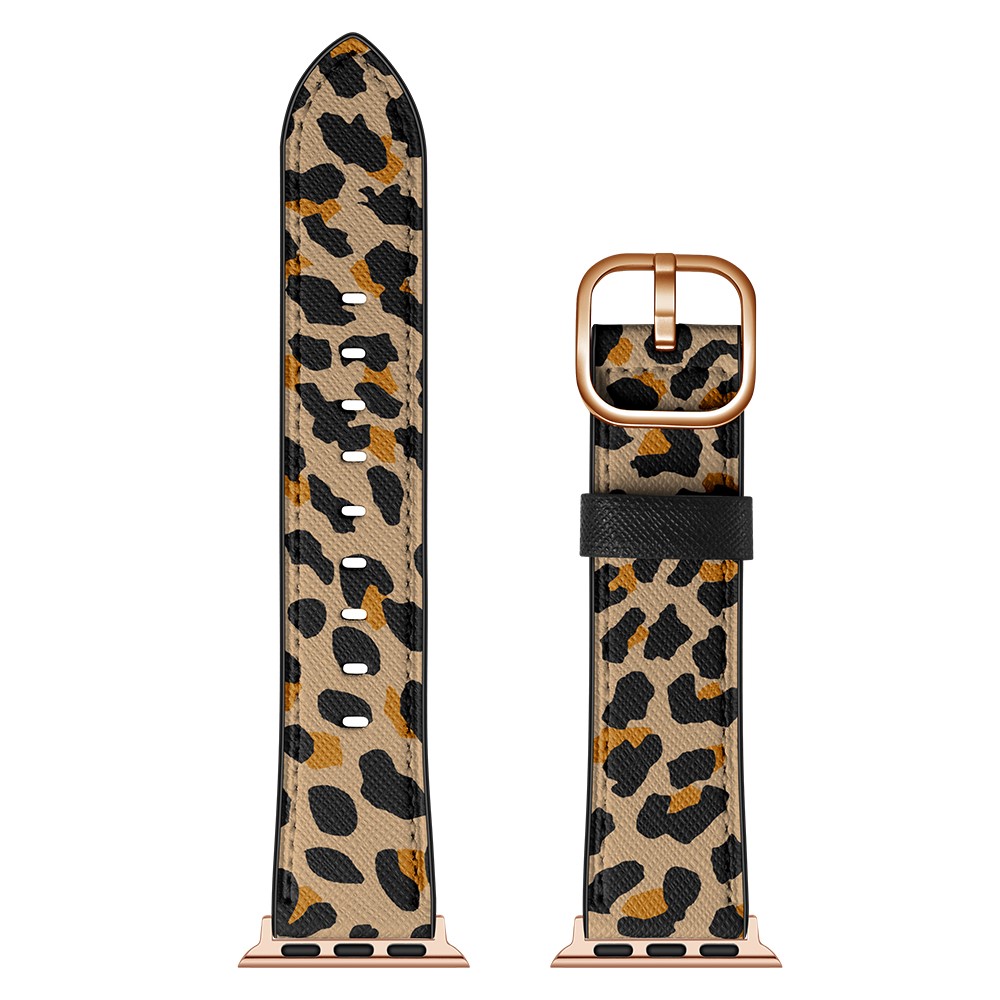 Stylish Printed Genuine Leather Watch Band for Apple Watch Series 1/2/3 38mm / Series 4/5/6 40mm - Yello Leopard Print-6