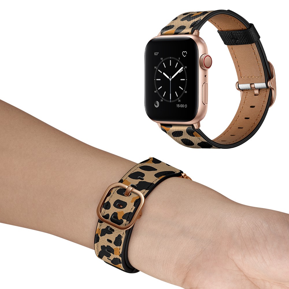 Stylish Printed Genuine Leather Watch Band for Apple Watch Series 1/2/3 38mm / Series 4/5/6 40mm - Yello Leopard Print-8