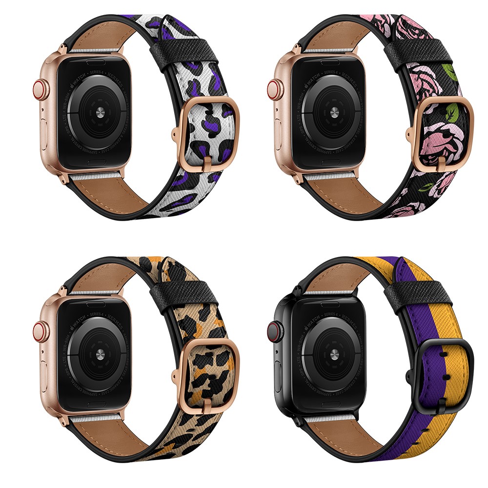 Stylish Printed Genuine Leather Watch Band for Apple Watch Series 6/5/4/SE 44mm / Series 3 42mm - Yellow Leopard Print-11