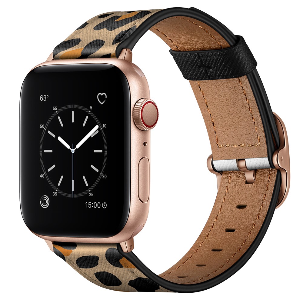 Stylish Printed Genuine Leather Watch Band for Apple Watch Series 6/5/4/SE 40mm / Series 3 38mm - Yellow Leopard Print-1