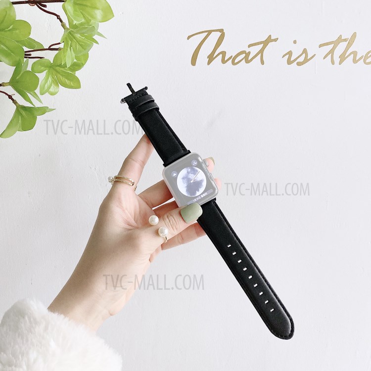 22mm Solid Color PU Leather Watch Band Strap Replacement for Apple Watch Series 1/2/3 42mm / Series 5/6/SE 44mm - Black-1
