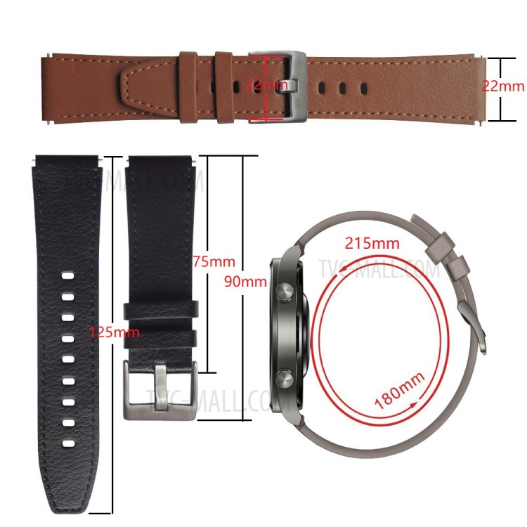 22mm Universal Genuine Leather Watch Band Strap for Huawei Watch 3 / 3 Pro / Samsung Amazfit Watch Etc - All Black-5