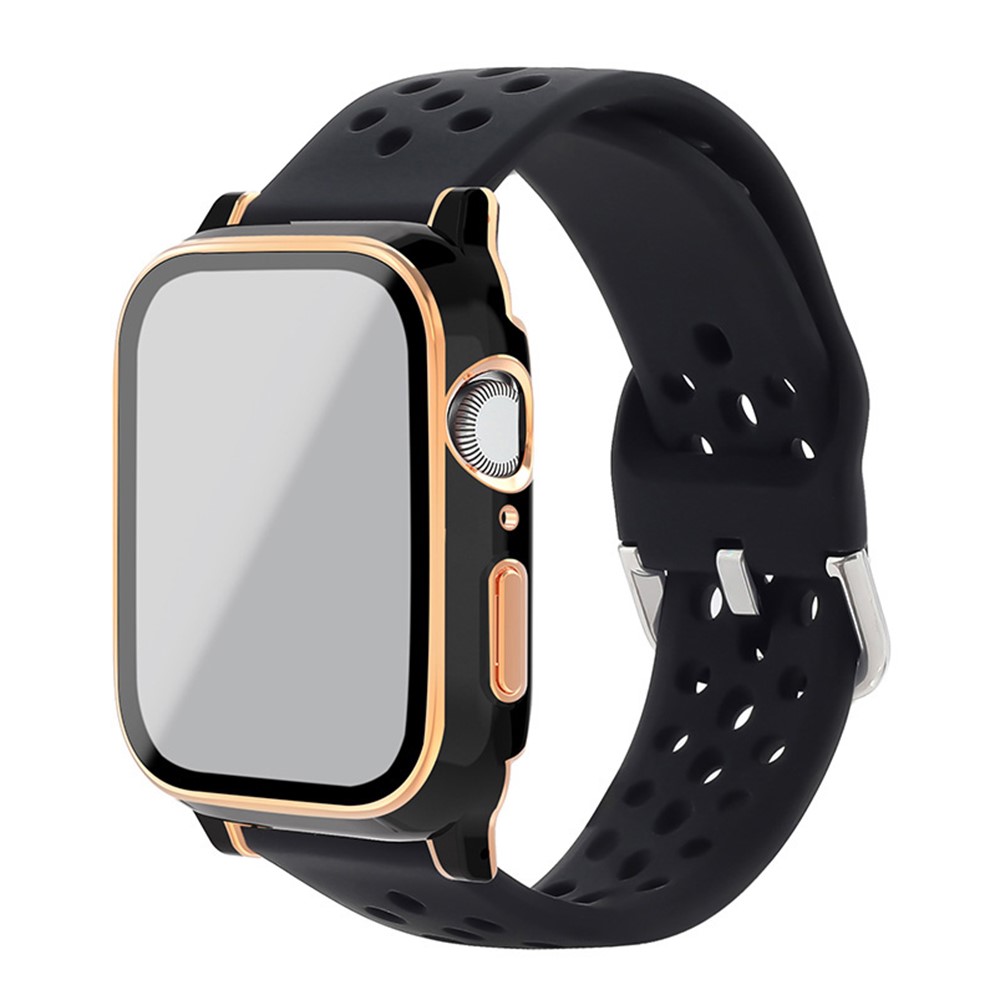 Well-Protected Electroplating Cover + Tempered Glass Film + Silicone Watchband for Apple Watch Series 3 38mm/2 38mm/1 38mm - Black/Black/Black+Rose Gold-1