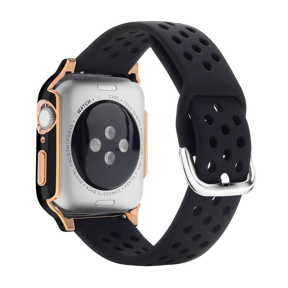 Well-Protected Electroplating Cover + Tempered Glass Film + Silicone Watchband for Apple Watch Series 3 38mm/2 38mm/1 38mm - Black/Black/Black+Rose Gold-3