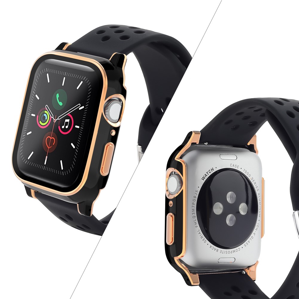 Well-Protected Electroplating Cover + Tempered Glass Film + Silicone Watchband for Apple Watch Series 3 38mm/2 38mm/1 38mm - Black/Black/Black+Rose Gold-4