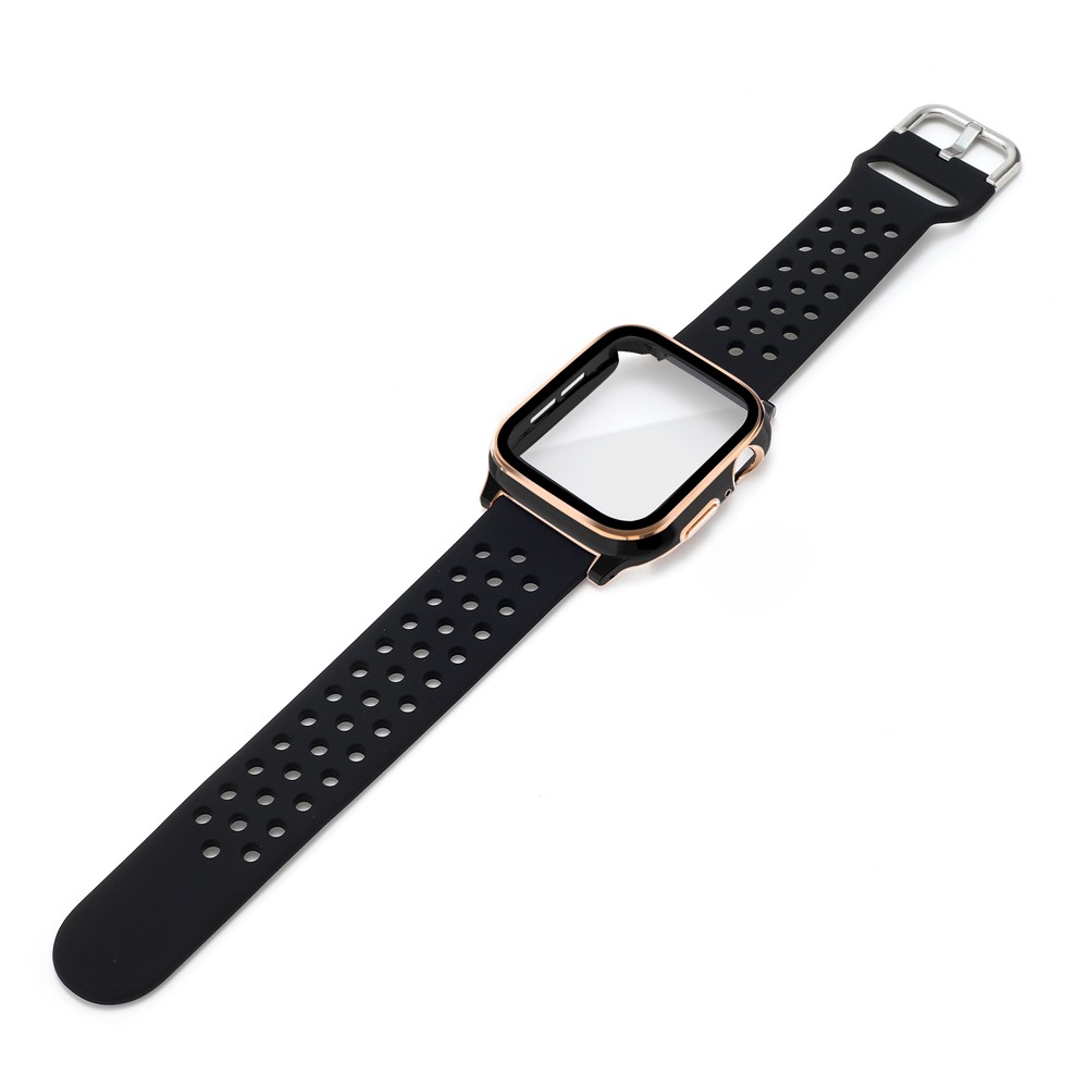 Well-Protected Electroplating Cover + Tempered Glass Film + Silicone Watchband for Apple Watch Series 3 38mm/2 38mm/1 38mm - Black/Black/Black+Rose Gold-5