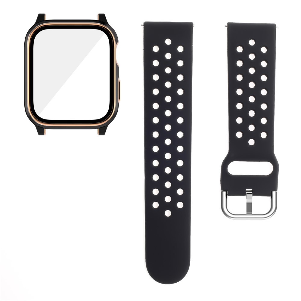 Well-Protected Electroplating Cover + Tempered Glass Film + Silicone Watchband for Apple Watch Series 3 38mm/2 38mm/1 38mm - Black/Black/Black+Rose Gold-6