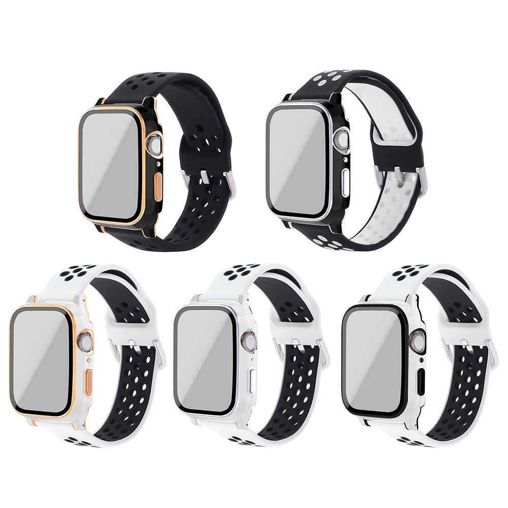 Well-Protected Electroplating Cover + Tempered Glass Film + Silicone Watchband for Apple Watch Series 3 38mm/2 38mm/1 38mm - Black/Black/Black+Rose Gold-7