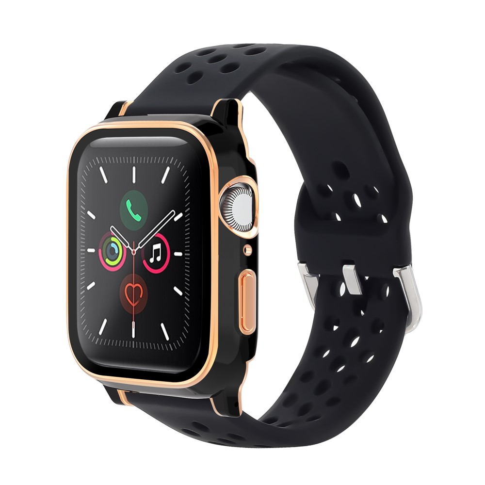 Electroplating Cover + Tempered Glass Film + Silicone Watchband for Apple Watch SE 40mm/Series 6 40mm/5 40mm/4 40mm - Black/Black/Black+Rose Gold-2