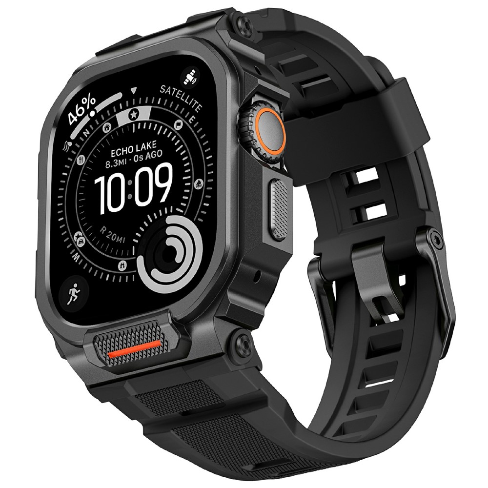 Silicone Band with Half Guard Case for Apple Watch Series 11 46mm Textured Replacement Watch Strap - Black Buckle / Black