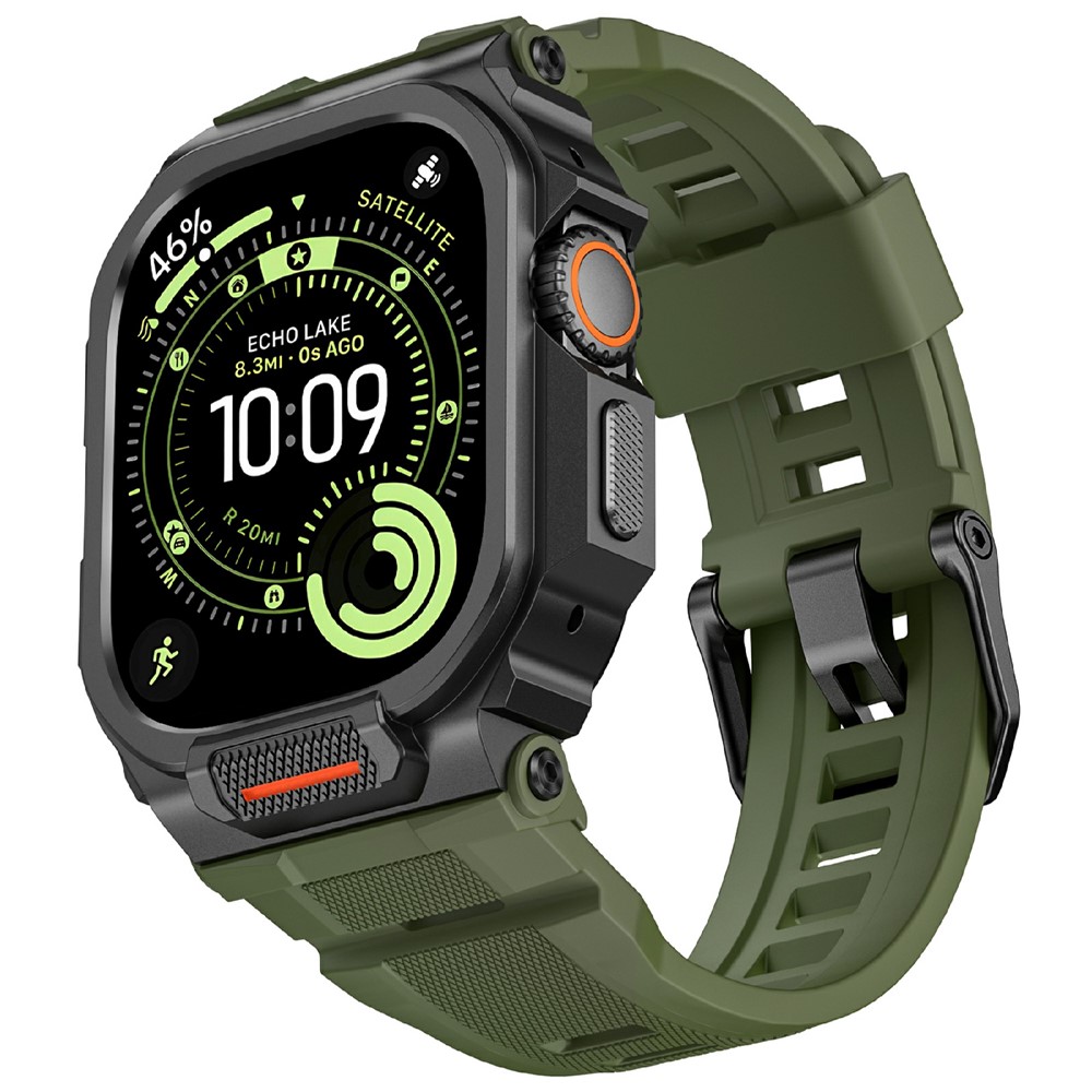 Silicone Band with Half Guard Case for Apple Watch Series 11 46mm Textured Replacement Watch Strap - Black Buckle / Army Green