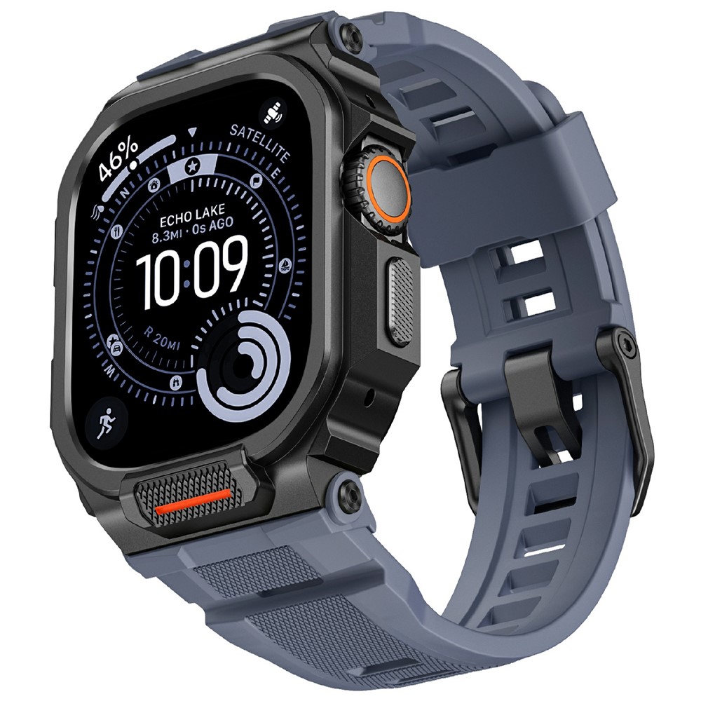 Silicone Band with Half Guard Case for Apple Watch Series 11 46mm Textured Replacement Watch Strap - Black / Blue Grey