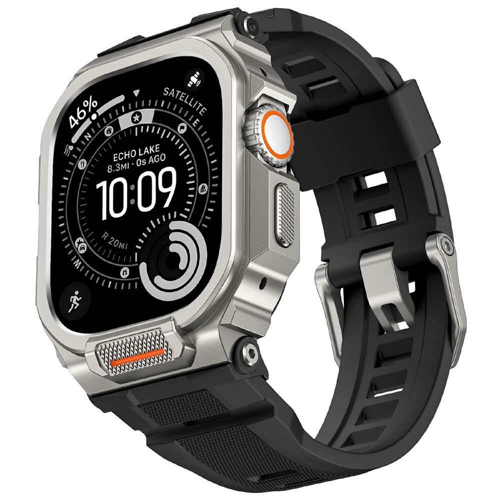 Silicone Band with Half Guard Case for Apple Watch Series 11 46mm Textured Replacement Watch Strap - Titanium / Black