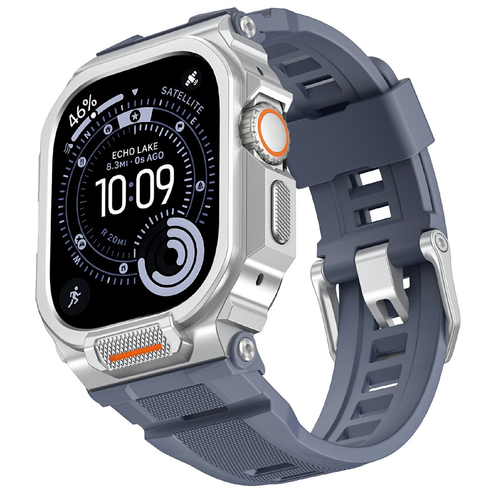 Silicone Band with Half Guard Case for Apple Watch Series 11 46mm Textured Replacement Watch Strap - Silver / Blue Grey