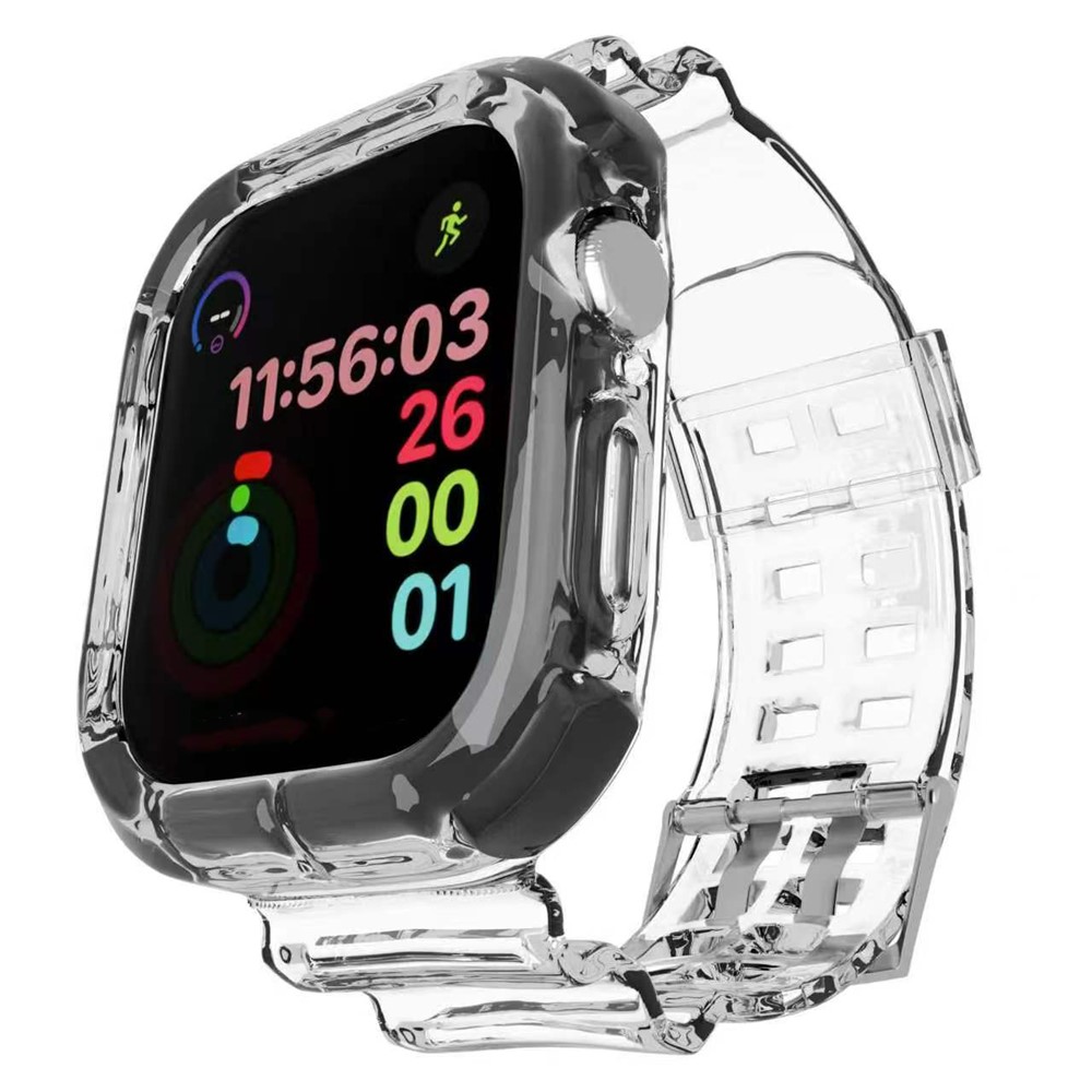 Strap for Apple Watch Ultra 3 2 1 49mm  /  Series 11 10 46mm  /  9 8 7 45mm  /  SE3 SE2 SE 6 5 4 44mm  /  3 2 1 42mm Shockproof Airbag Clear TPU Band with Integrated Watch Case - Transparent+Black