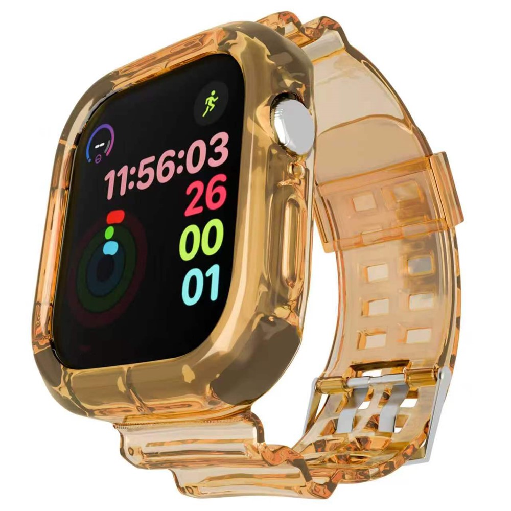 Strap for Apple Watch Ultra 3 2 1 49mm  /  Series 11 10 46mm  /  9 8 7 45mm  /  SE3 SE2 SE 6 5 4 44mm  /  3 2 1 42mm Shockproof Airbag Clear TPU Band with Integrated Watch Case - Orange+Black